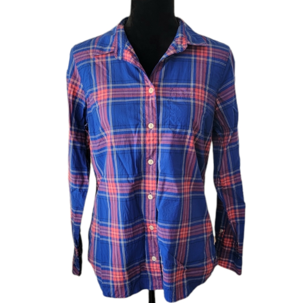 Women's L.L. Bean Blue & Coral Plaid Button Down Shirt